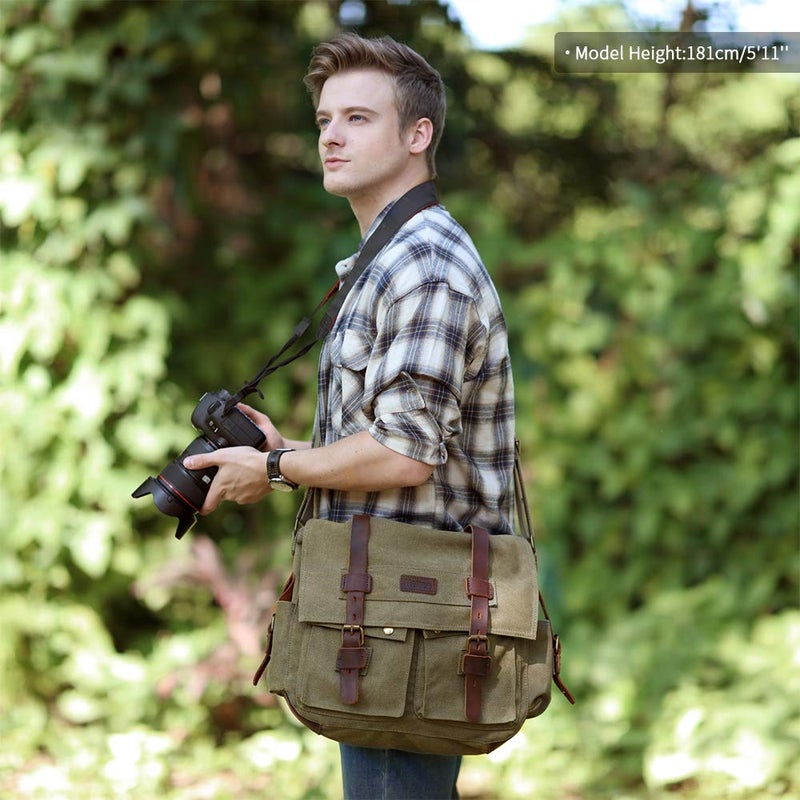 Kattee Leather Canvas Camera Bags for Men Vintage DSLR SLR Messenger Shoulder Bags - Image 2